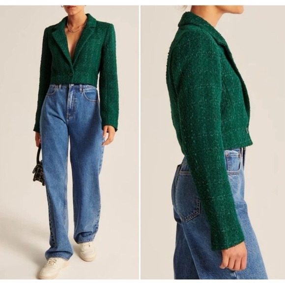 NWT Abercrombie & Fitch Cropped Tweed Blazer Jacket Green Preppy Chic Glam - Picture 7 of 9